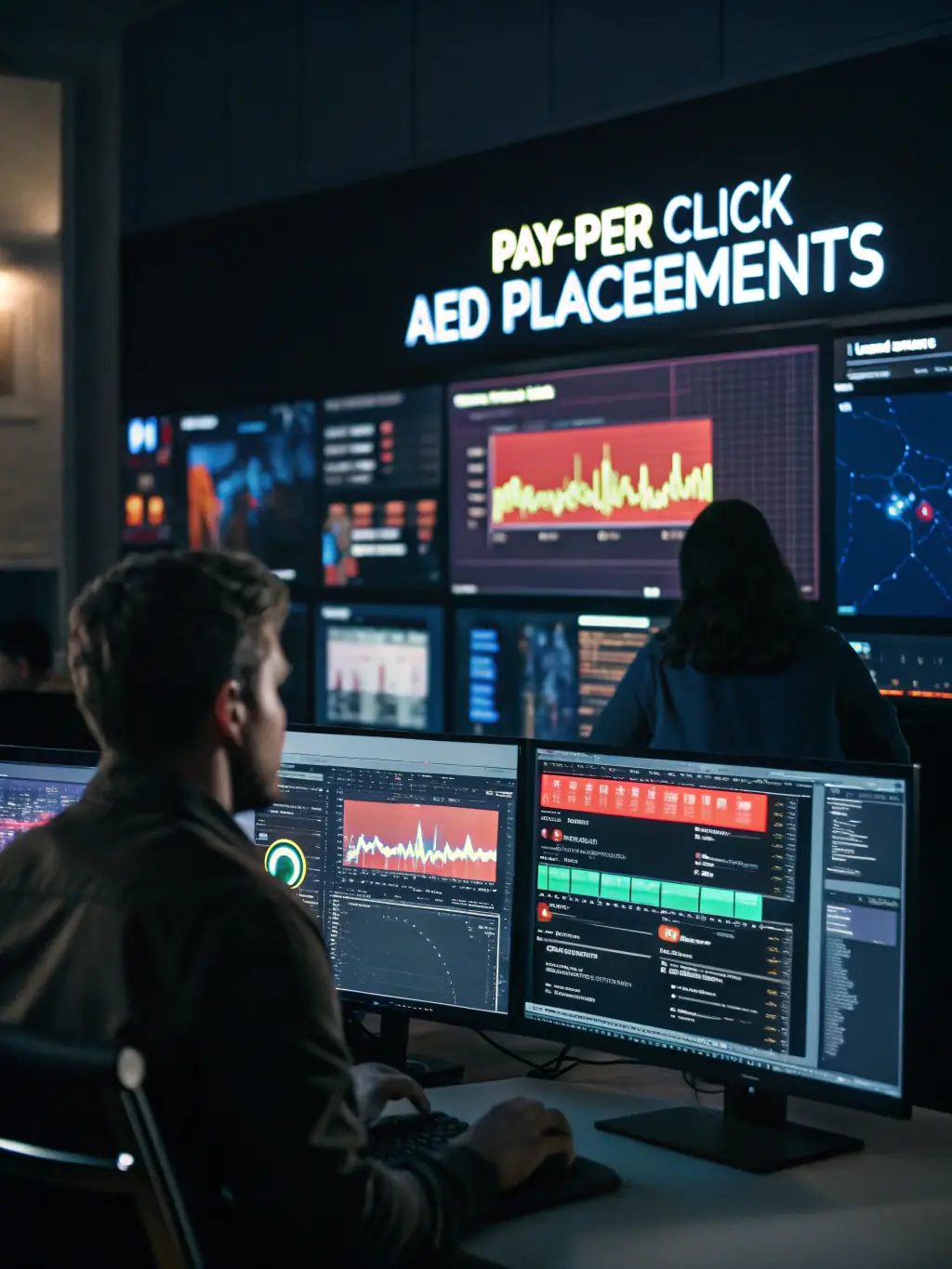 An image of digital ad campaigns displayed on multiple screens, highlighting analytics and engagement metrics.