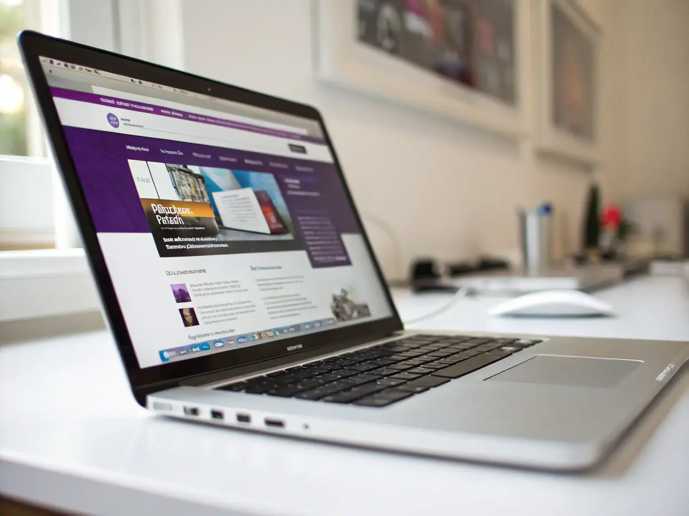 A sleek laptop displaying a vibrant, modern website with purple and cream accents, showcasing responsive design on multiple devices, representing SMART DIGITAL TECH ACCESS's Website Development & Design service.