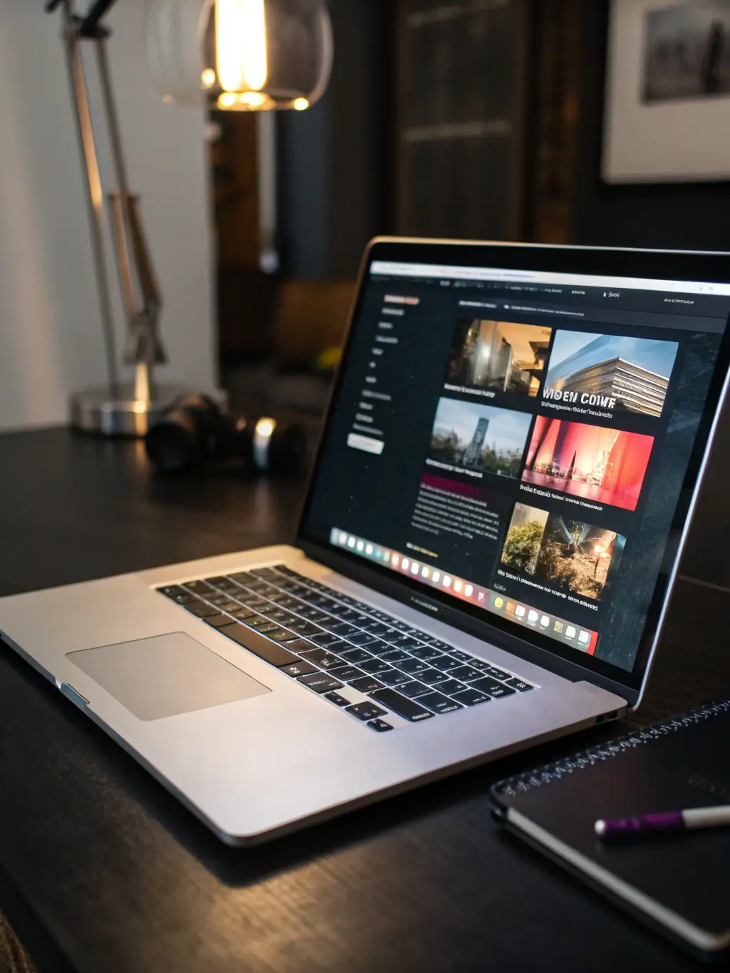 A sleek laptop displaying a vibrant, modern website with purple and cream accents, showcasing responsive design on multiple devices.