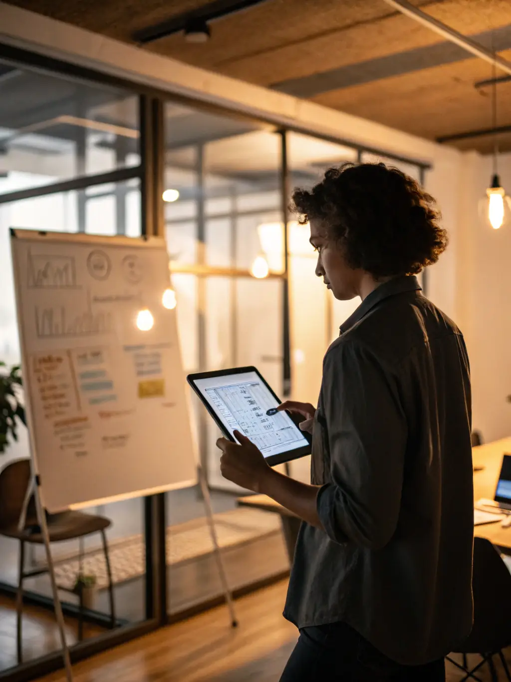 A focused entrepreneur reviews important documents with a virtual assistant providing support in the background.