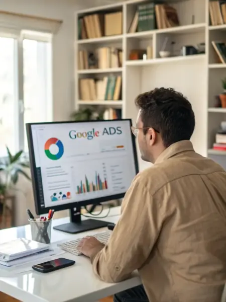 A focused professional managing a Google Ads campaign on a desktop, showcasing data-driven decision-making.