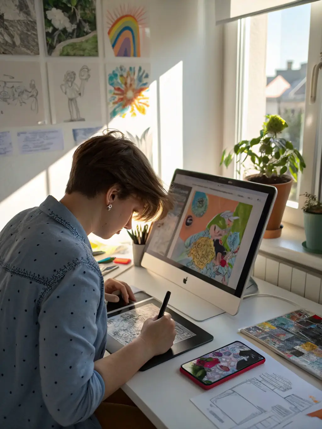 A professional graphic designer working on a digital tablet, creating a logo for a client, symbolizing SMART DIGITAL TECH ACCESS's graphic design capabilities.